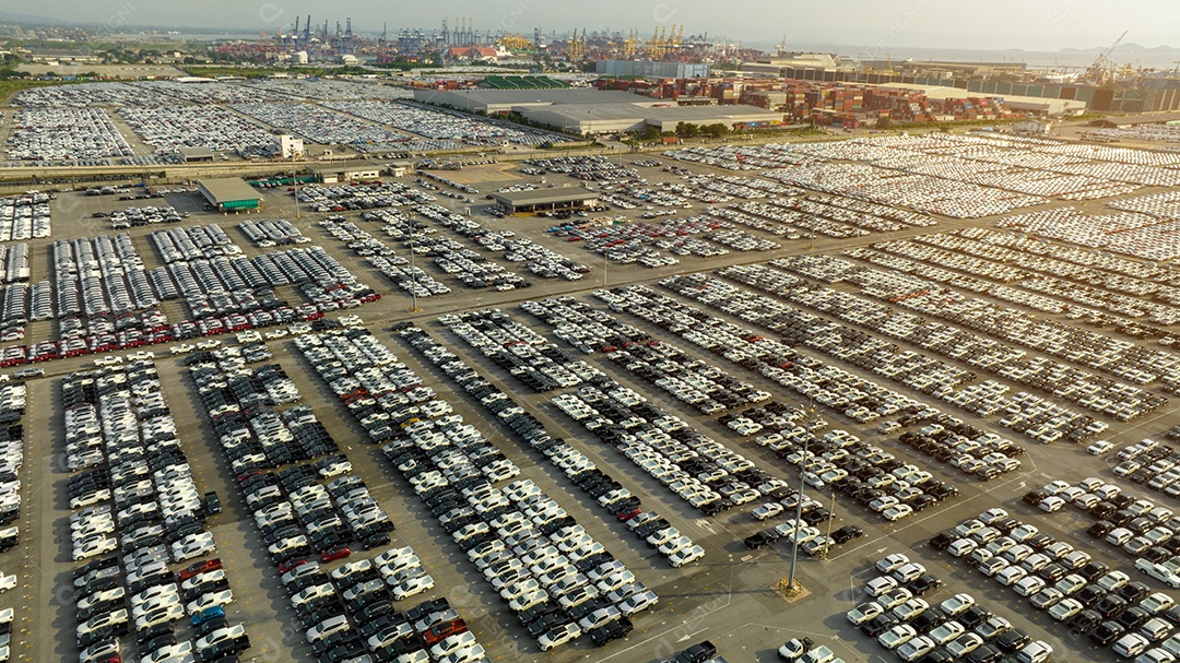 Muitos carros novos estacionando antes do envio para o cliente do revendedor, envio de carros para o navio Ro-Ro para exportação de importação Encaminhamento de frete, transporte logístico do revendedor de transporte Terminal de exportação de carros e