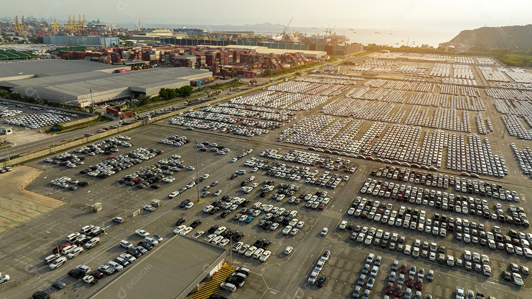 Muitos carros novos estacionando antes do envio para o cliente do revendedor, envio de carros para o navio Ro-Ro para exportação de importação Encaminhamento de frete, transporte logístico do revendedor de transporte Terminal de exportação de carros e