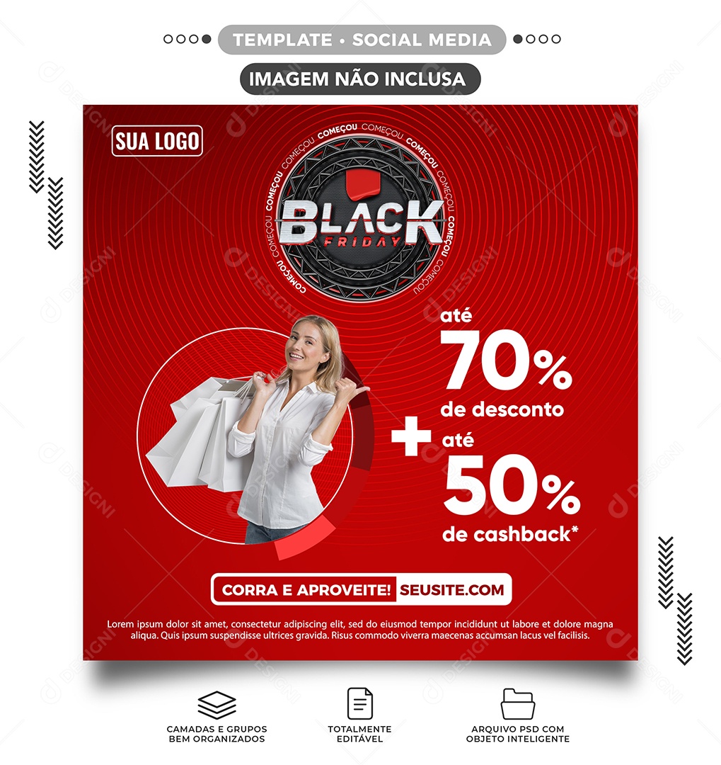 Até 70% de Desconto Até 50% de Cashback Black Friday Loja de Roupas Social Media PSD Editável