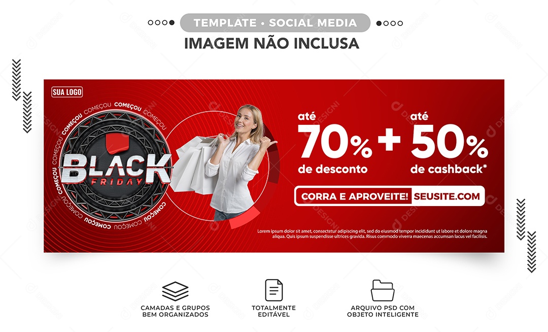 Banner Até 70% de Desconto Até 50% de Cashback Black Friday Loja de Roupas Social Media PSD Editável