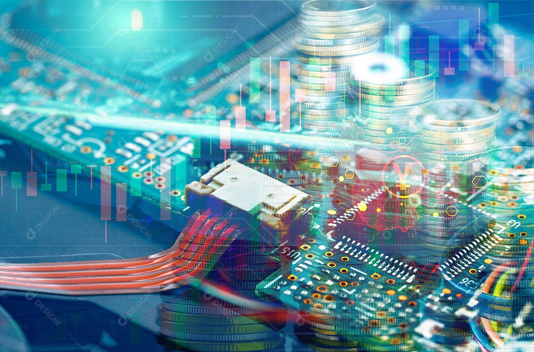 Placa de circuito eletrônico no fundo do sinal de moeda