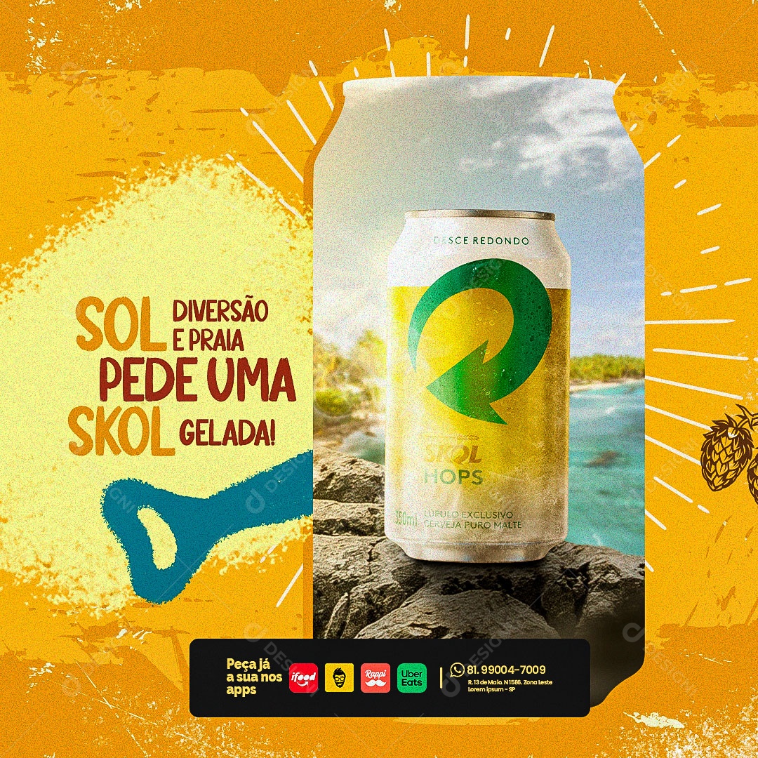 Sol Diversão e Praia pede uma Cerveja Skol Gelada! Distribuidora de Bebidas Social Media PSD Editável