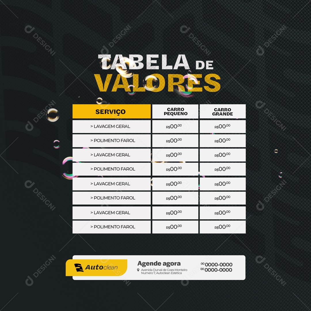 Tabela de Valores Estética Automotiva Social Media PSD Editável