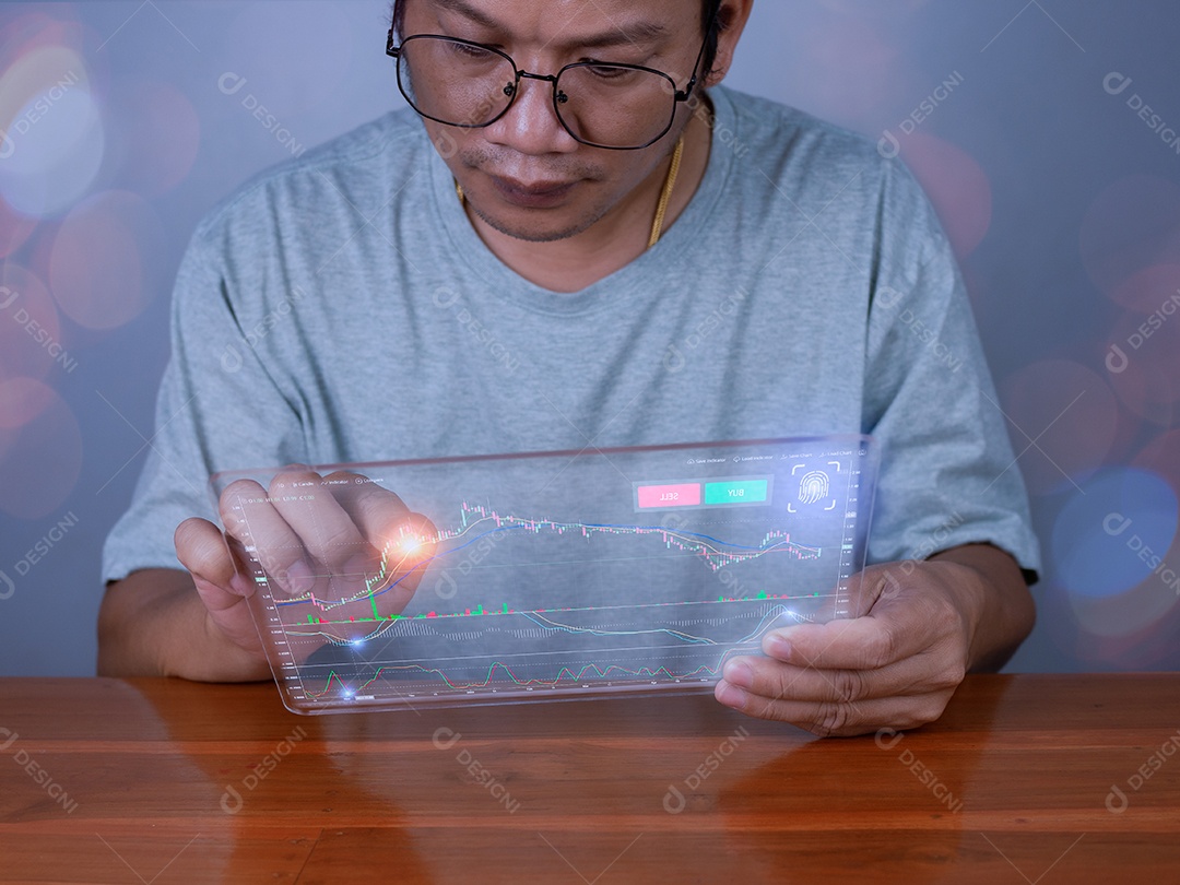 Hologram image of a candlestick chart on a tablet on a person.