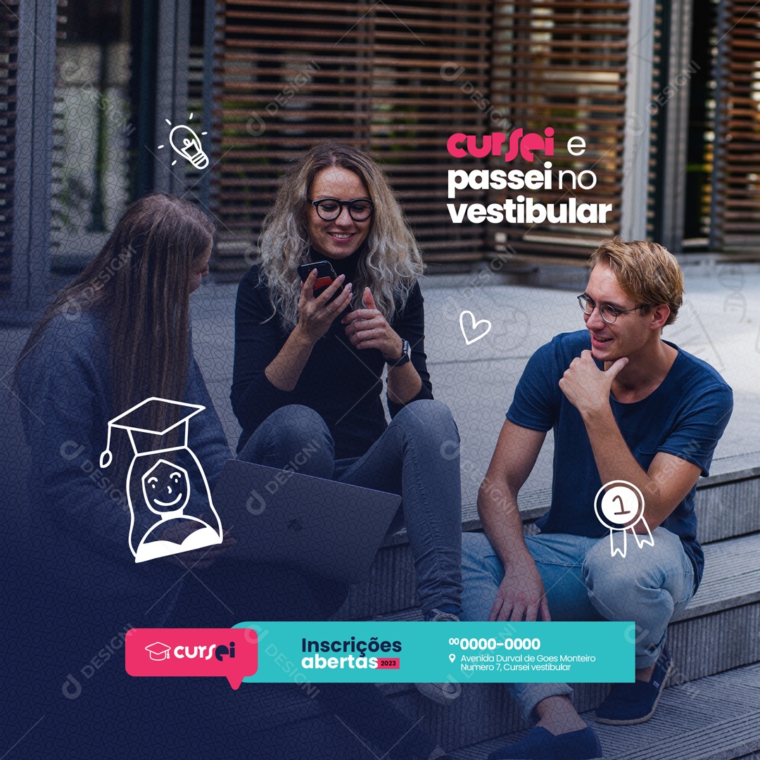 Cursei e Passei no Vestibular Inscrições Abertas Cursinho Social Media PSD Editável