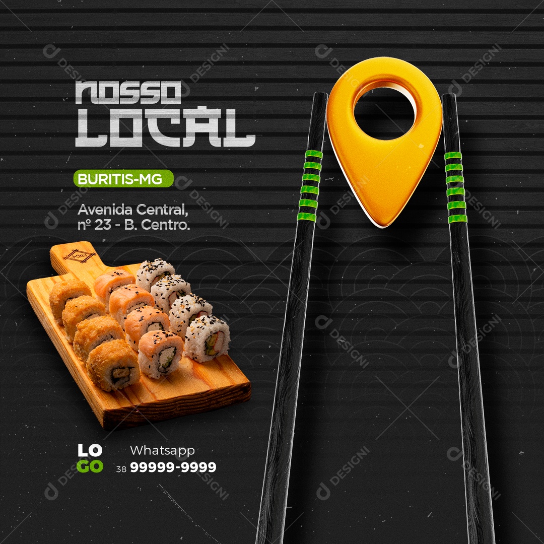 Restaurante Comida Japonesa Sushi Nosso Local Novo Endereço Social Media PSD Editável