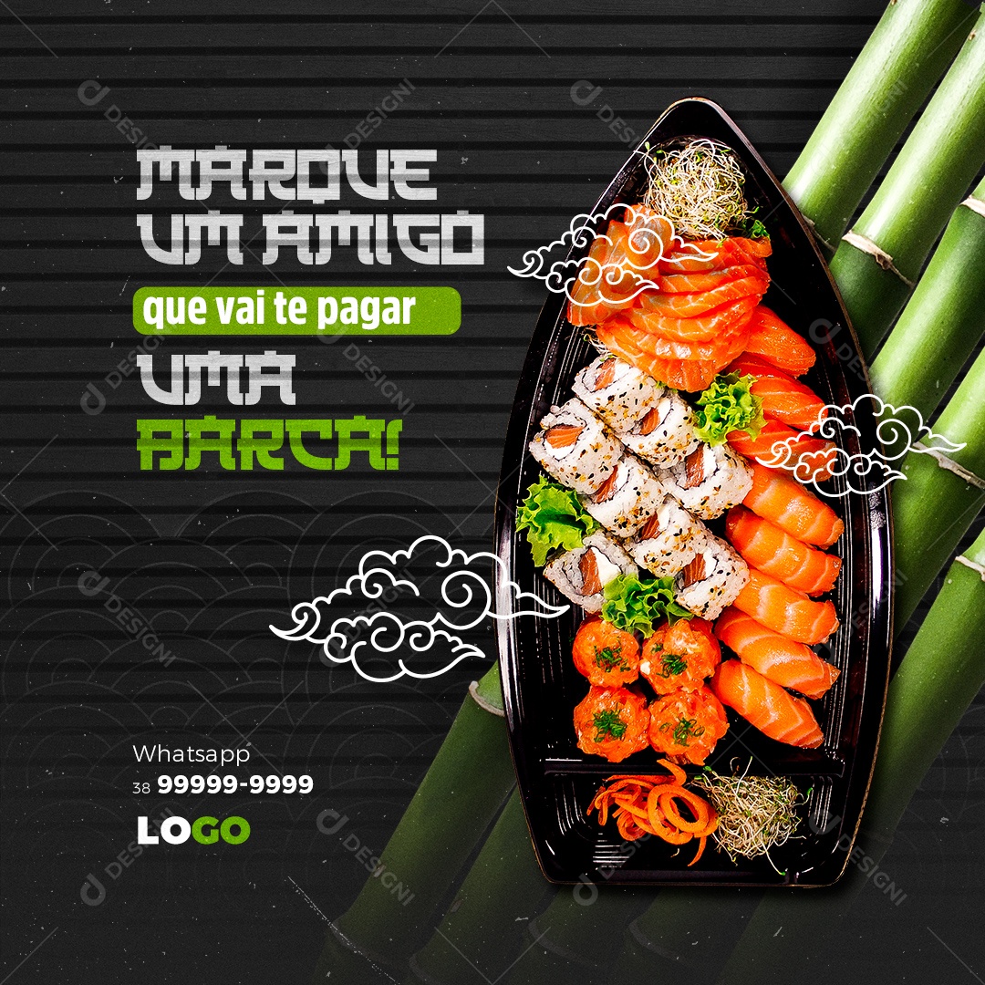 Restaurante Comida Japonesa Sushi Marque um Amigo Social Media PSD Editável