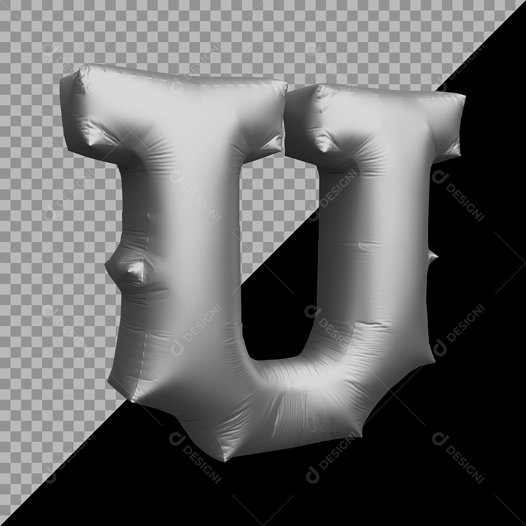 Letra U Balão Prata Elemento 3D Para Composição PSD