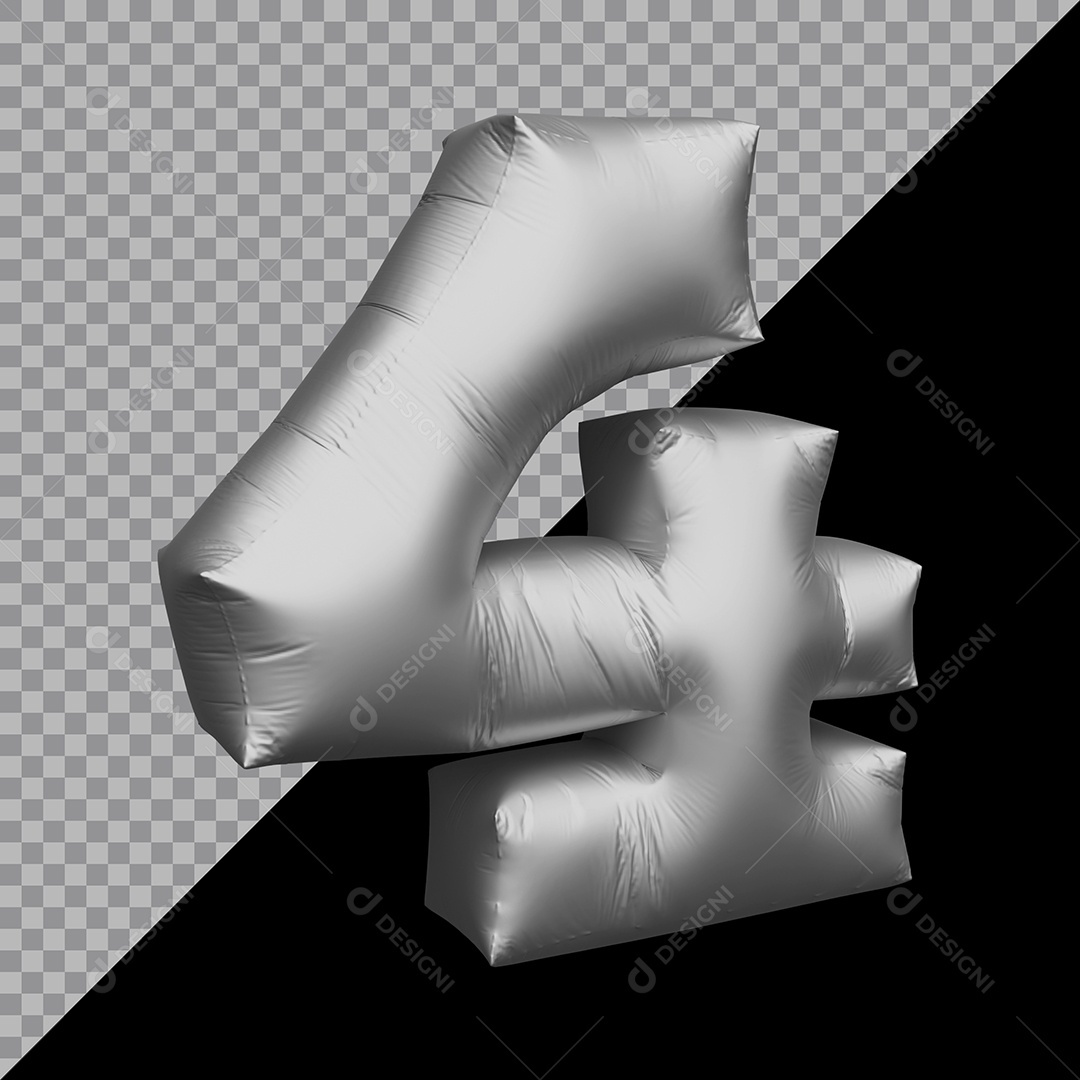 Número 4 Balão Prata Elemento 3D Para Composição PSD