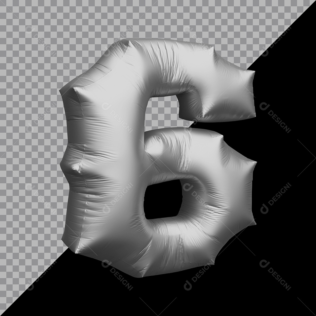 Número 6 Balão Prata Elemento 3D Para Composição PSD