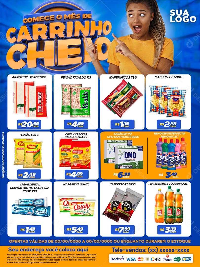 Comece o Mês de Carrinho Cheio Encarte Supermercado Social Media PSD Editável