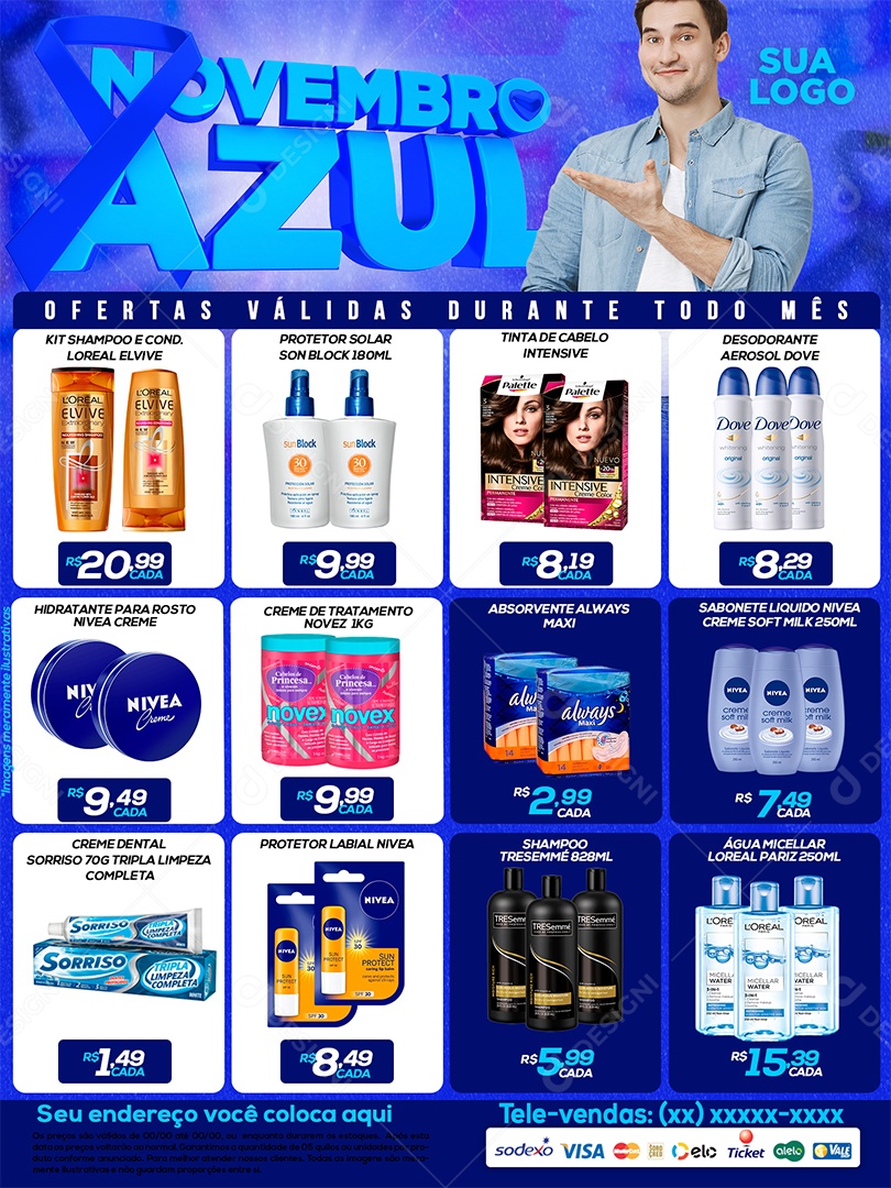 Encarte de Supermercado Novembro Azul Social Media PSD Editável