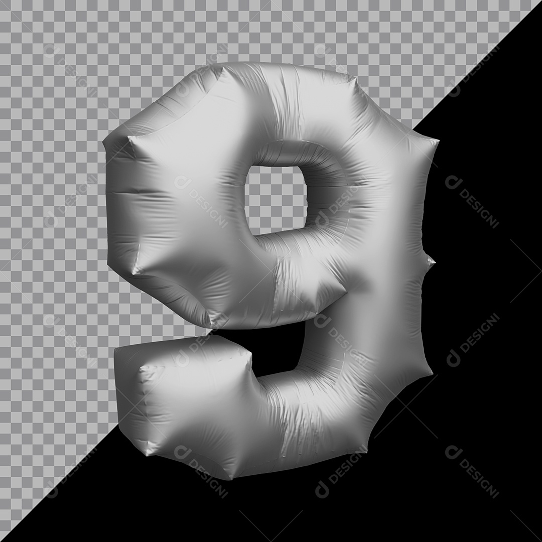 Número 9 Balão Prata Elemento 3D Para Composição PSD