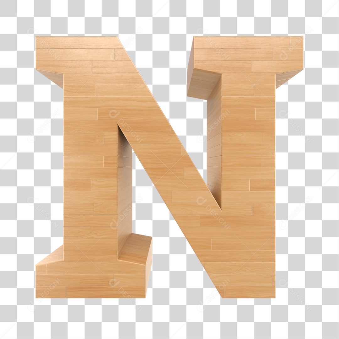 Letra N 3D Textura de Madeira Para Composição PNG Trasparente
