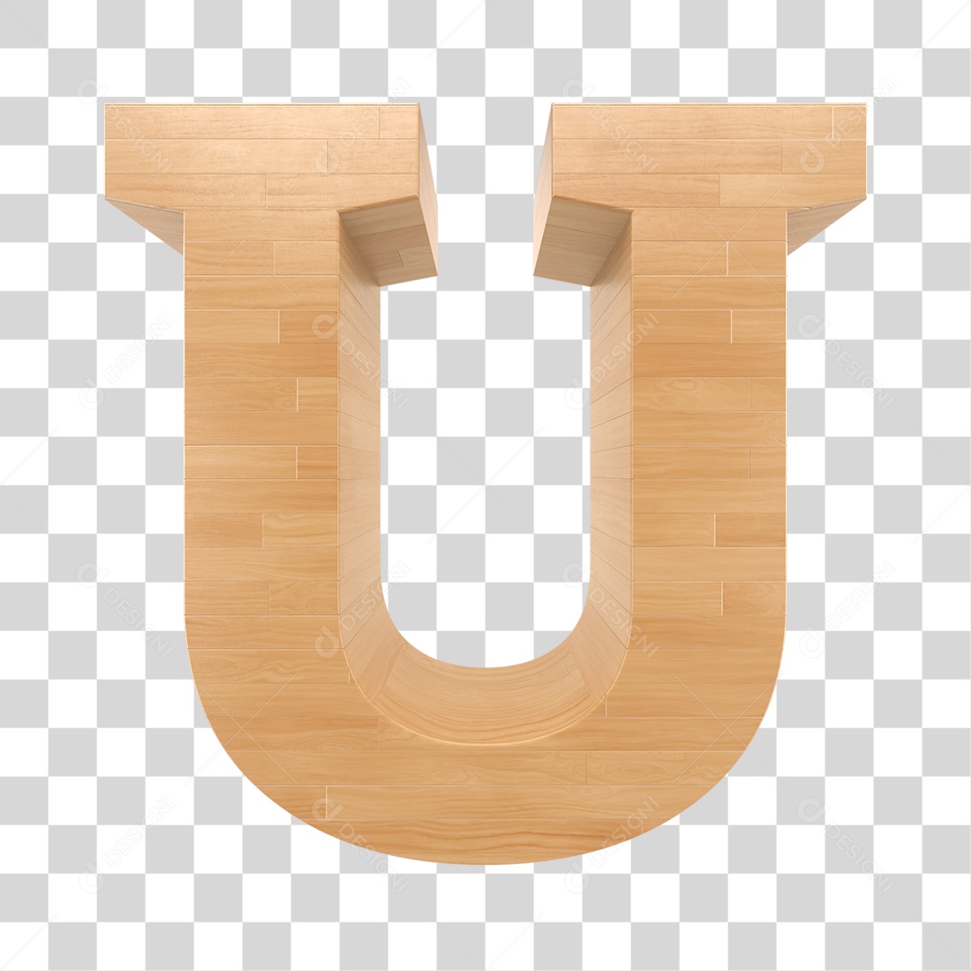 Letra U 3D Textura de Madeira Para Composição PNG Trasparente