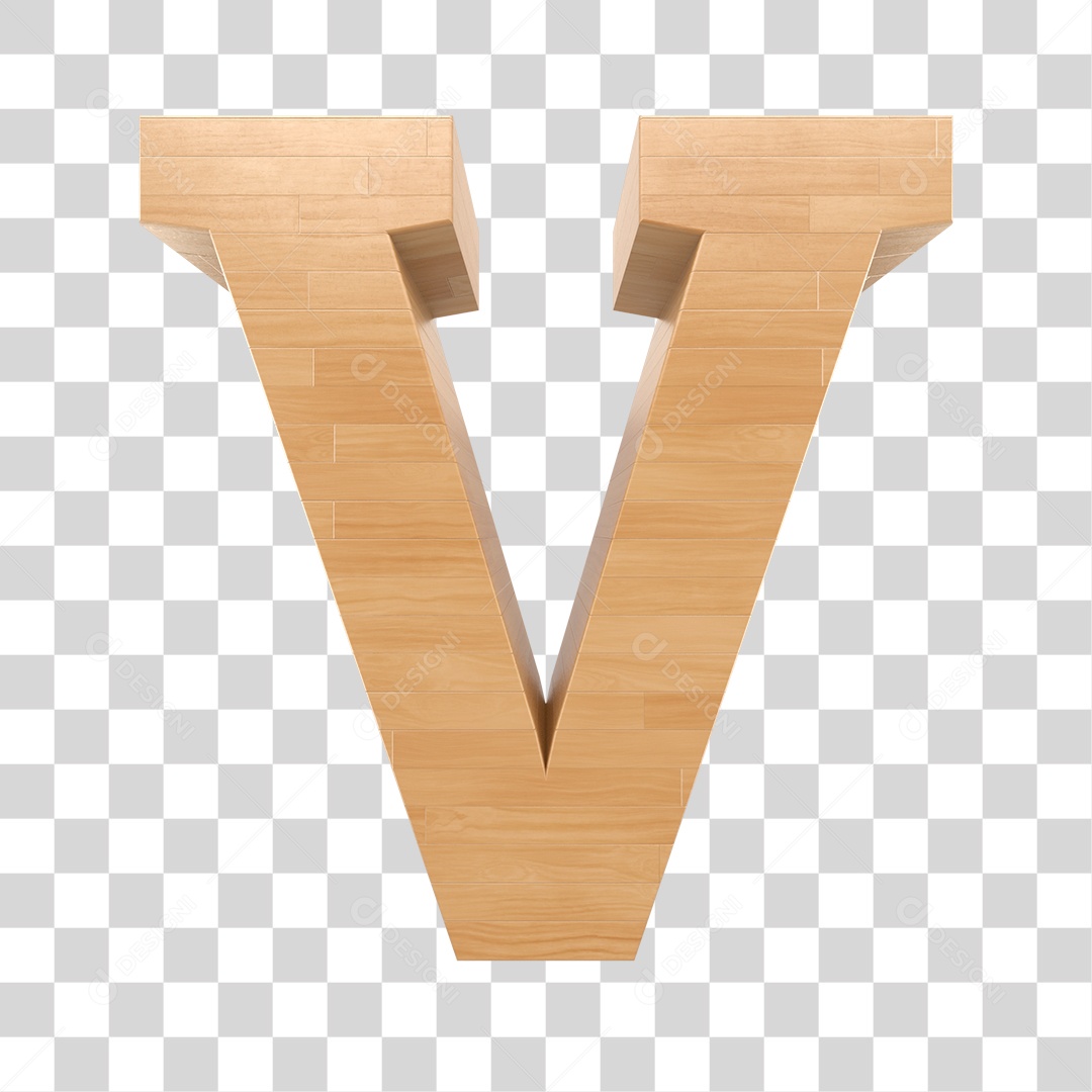 Letra V 3D Textura de Madeira Para Composição PNG Trasparente