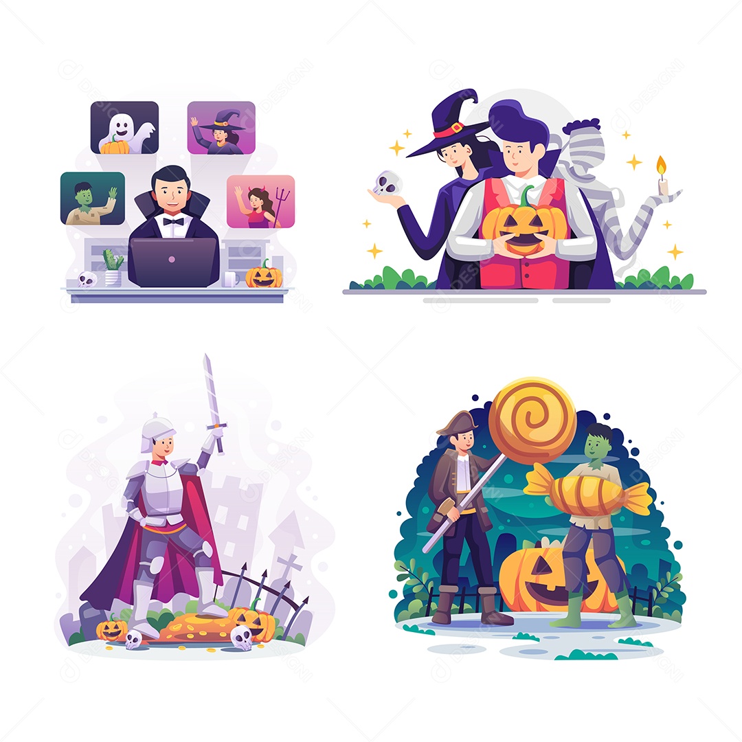 Ilustração vetorial Halloween decorado em casa e cosplay