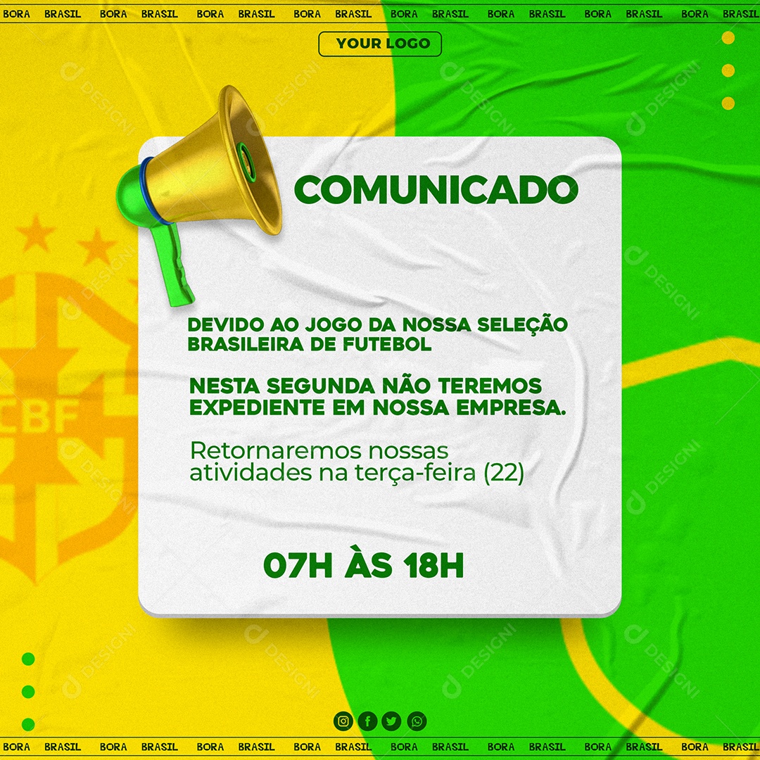 Comunicado Estaremos Fechados Feriado Copa do Mundo Social Media PSD Editável