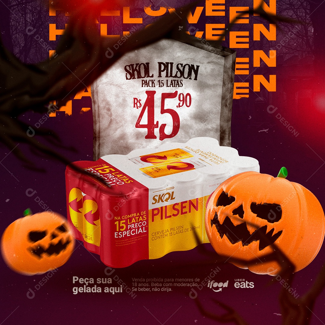 Pack Com 15 Lata Skol Halloween Cervejaria Social Media PSD Editável