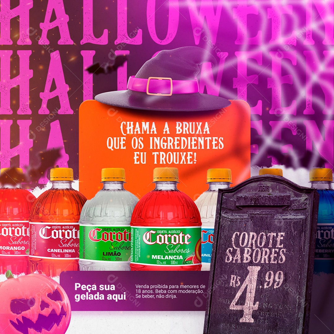 Chama a Bruxa Que os Ingredientes eu Trouxe Corote Halloween Cervejaria Social Media PSD Editável