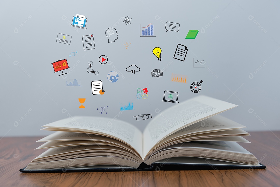 Abra o livro de educação e aprendizagem com ícones na mesa.