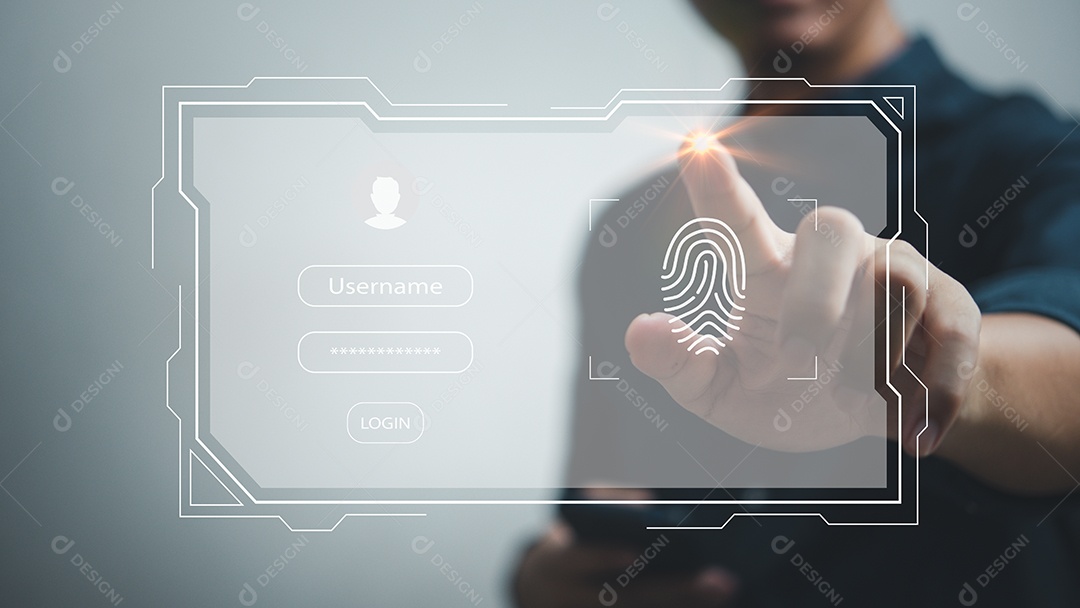 Digitalizar a impressão digital no sistema do computador com login e senha homem tocando a tela virtual.