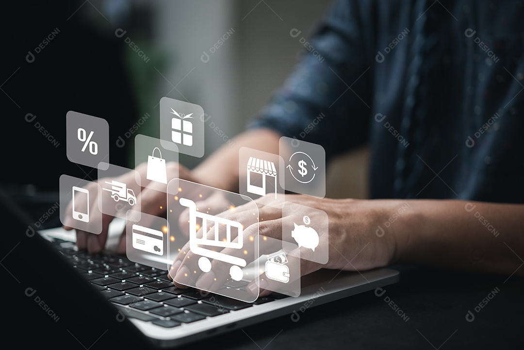 Homem usando laptop compras on-line internet banking pesquisa informações e pagamento e-commerce tecnologia digital conceito de finanças de negócios.