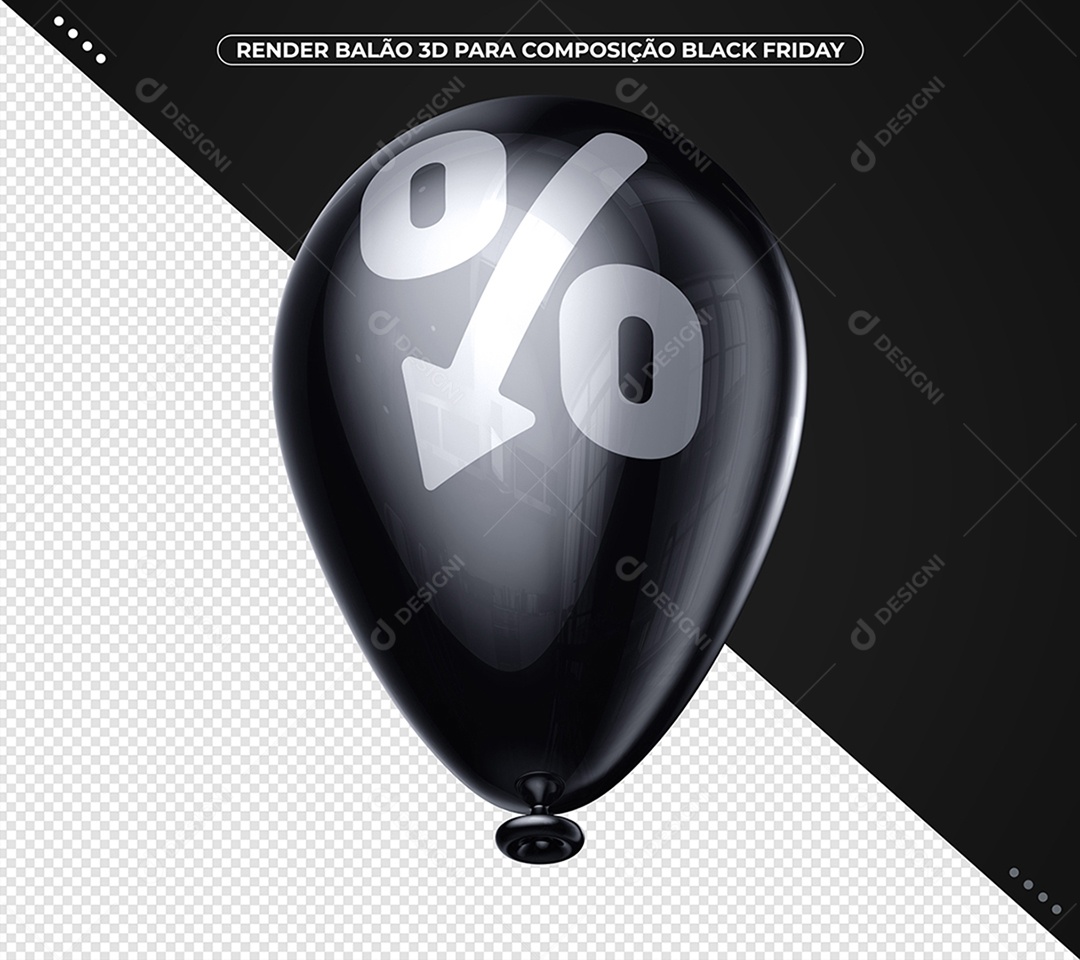Balão Preto de Porcentagem para Black Friday Voando Elemento 3D para Composição PSD