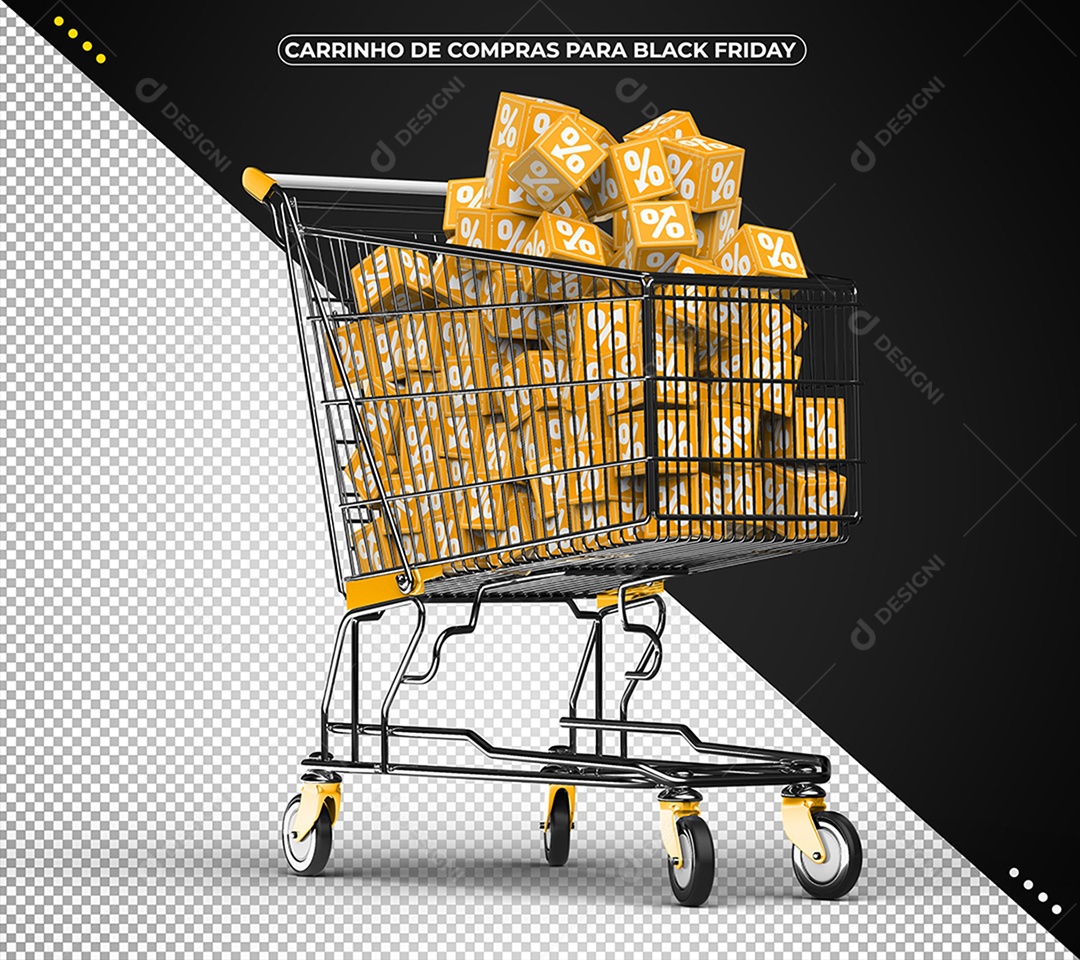 Carrinho de Compras com Cubos Amarelo de Porcentagem para Black Friday Elemento 3D PSD
