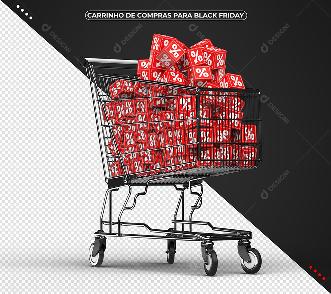 Carrinho de Compras com Cubos Vermelhos de Porcentagem para Black Friday Elemento 3D PSD