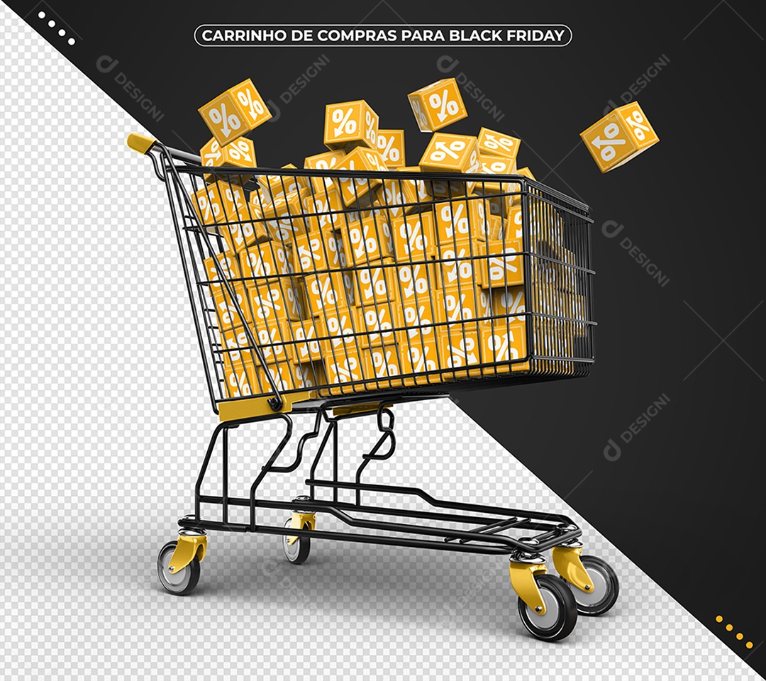 Carrinho de Compras com Cubos Amarelo de Porcentagem para Black Friday Elemento 3D PSD