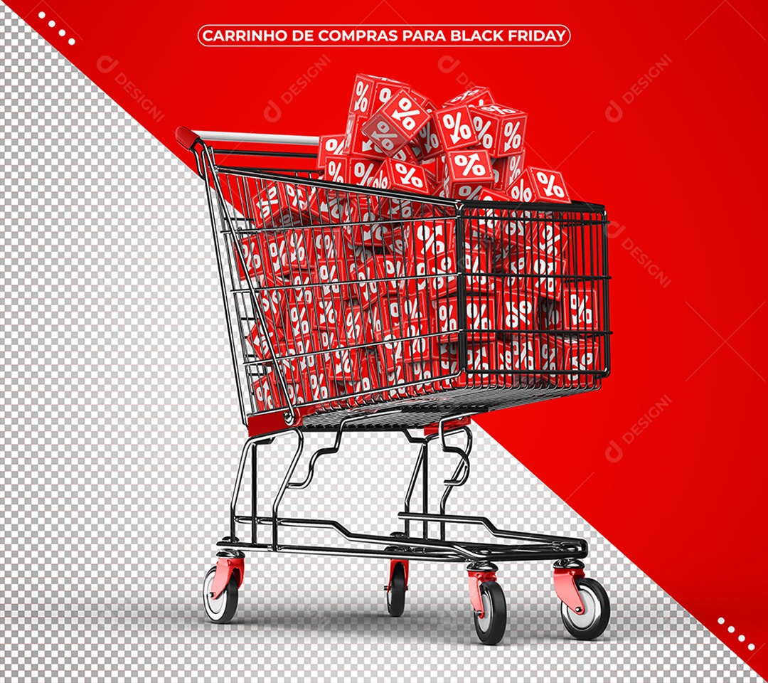 Carrinho de Compras com Cubos Vermelhos de Porcentagem para Black Friday Elemento 3D PSD