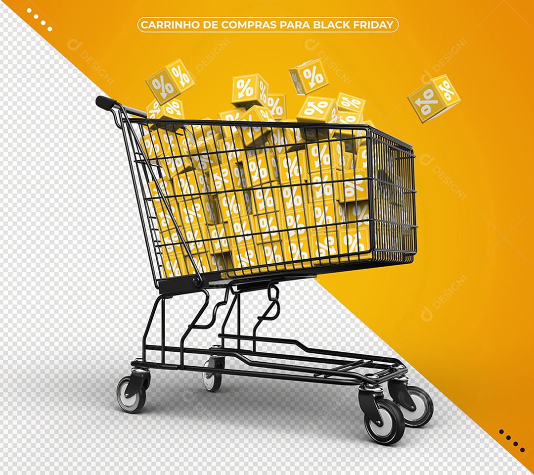 Carrinho de Compras com Cubos Amarelos de Porcentagem para Black Friday Elemento 3D PSD