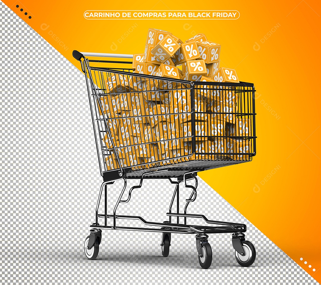 Carrinho de Compras com Cubos Amarelos de Porcentagem para Black Friday Elemento 3D PSD