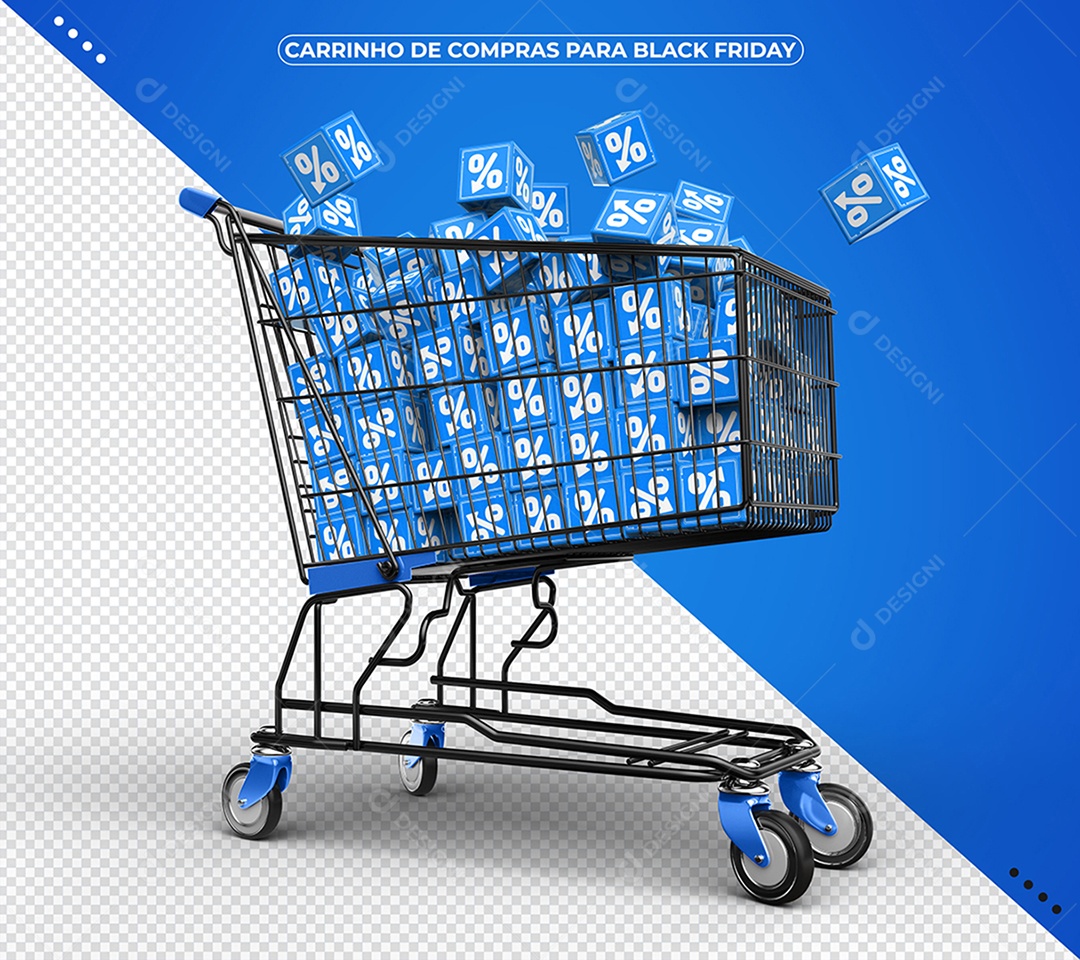 Carrinho de Compras com Cubos Azul de Porcentagem para Black Friday Elemento 3D PSD