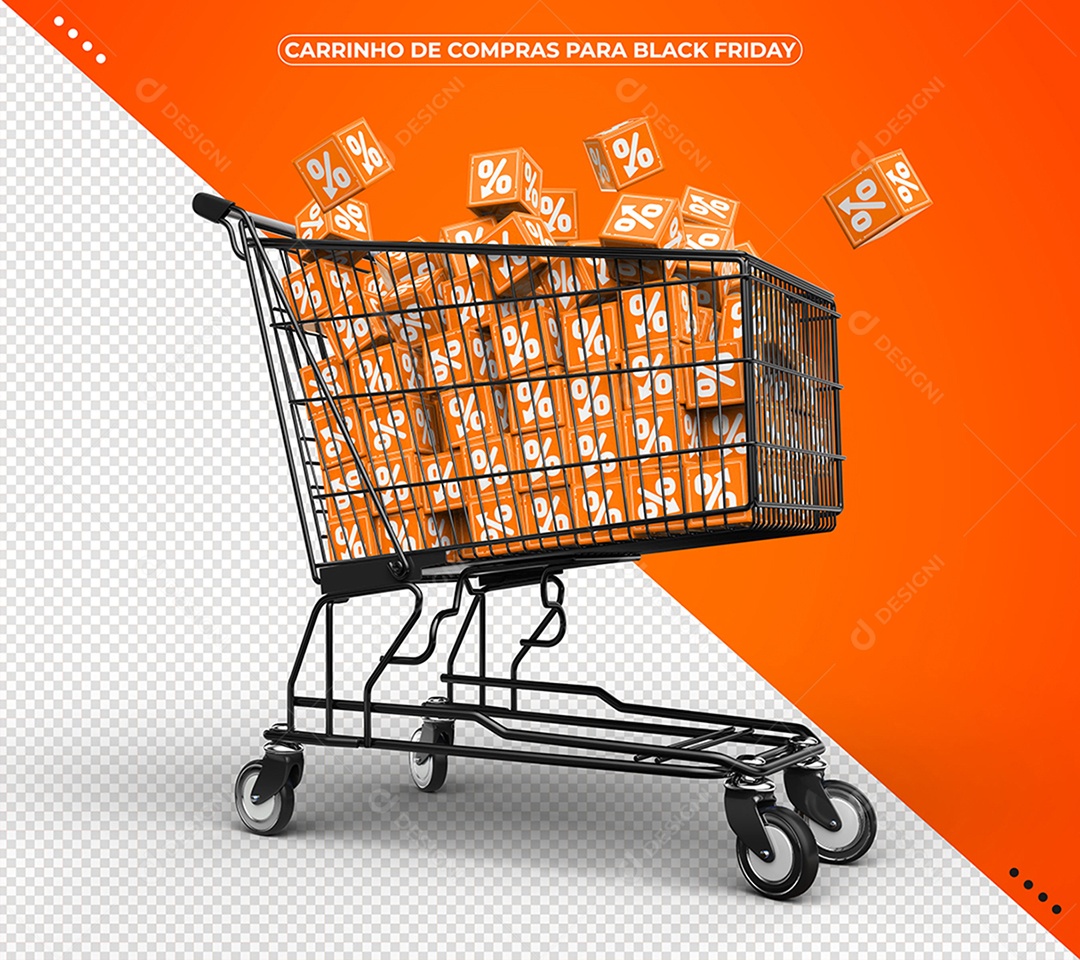 Carrinho de Compras com Cubos Laranja de Porcentagem para Black Friday Elemento 3D PSD