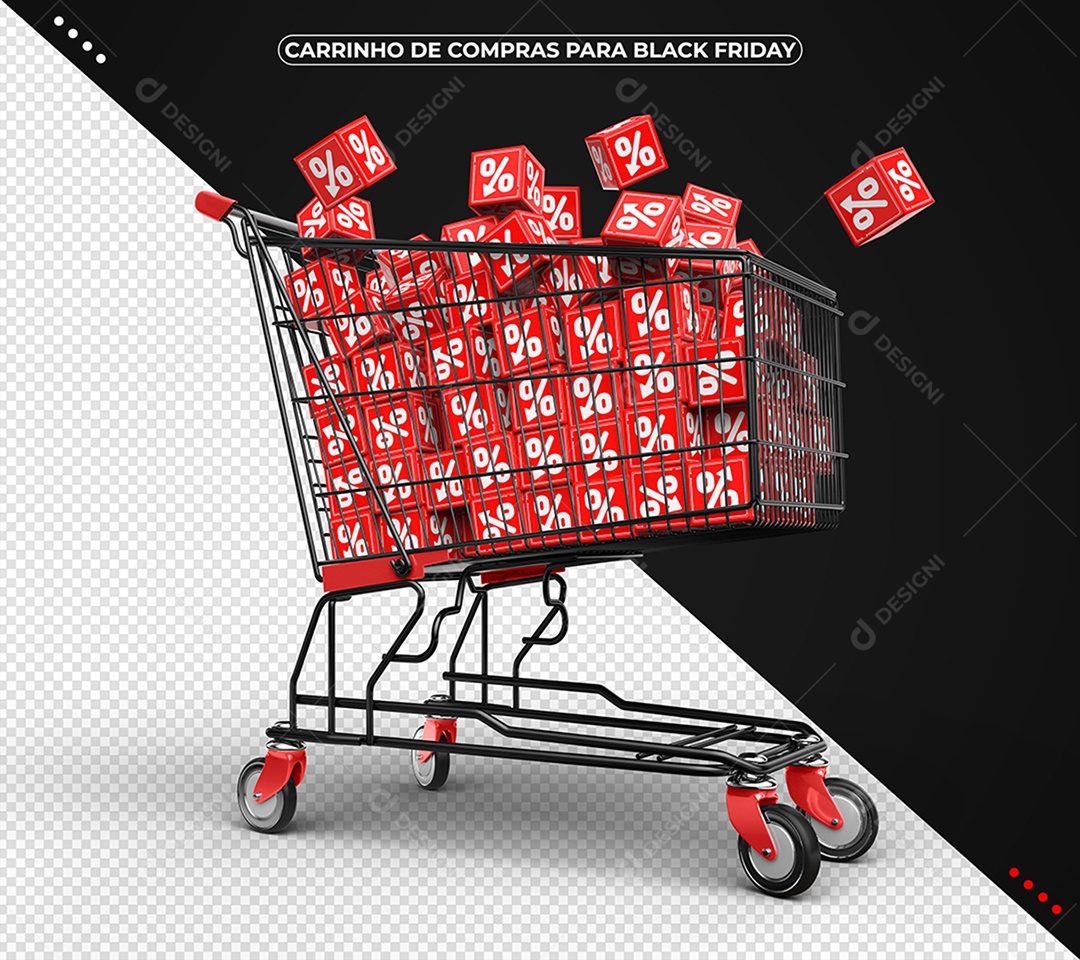 Shopping Cart with Red Percentage Cubes for Black Friday 3D Element PSD
