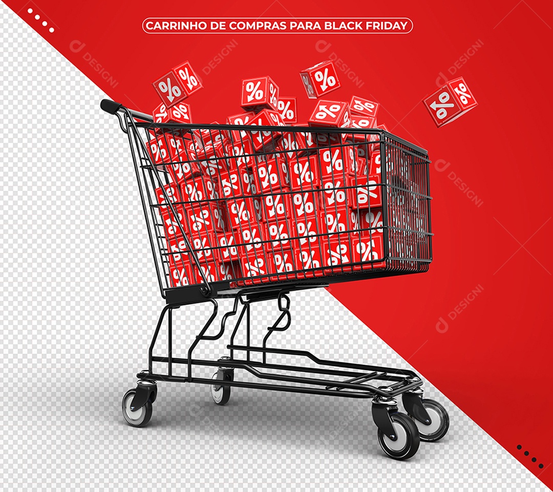 Carrinho de Compras com Cubos Vermelhos de Porcentagem para Black Friday Elemento 3D PSD
