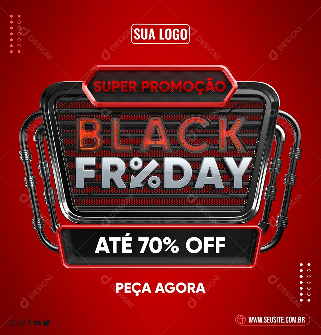 Super Promoção Black Friday Até 70% Off Selo 3D Vermelho para Composição PSD