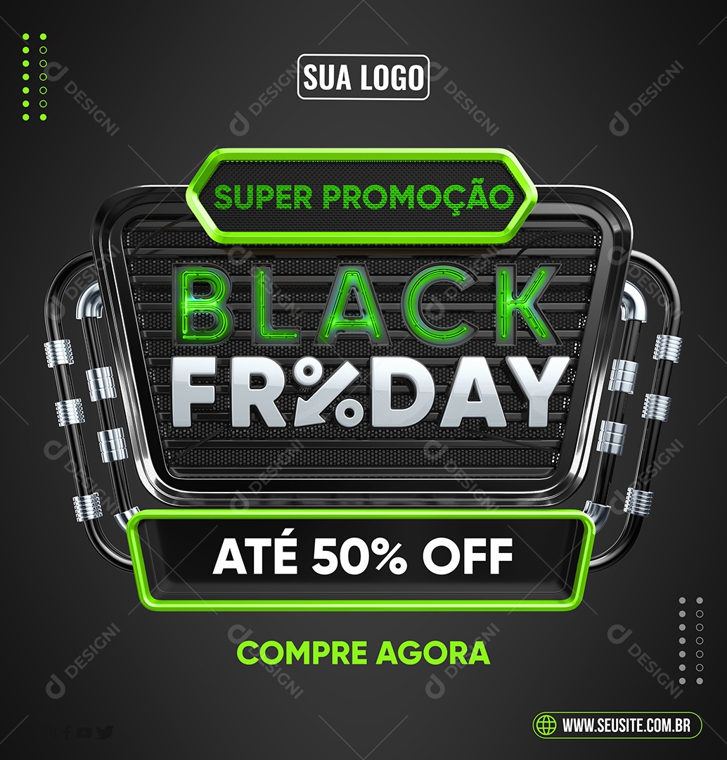 Super Promoção Black Friday Até 50% Off Selo 3D Verde para Composição PSD