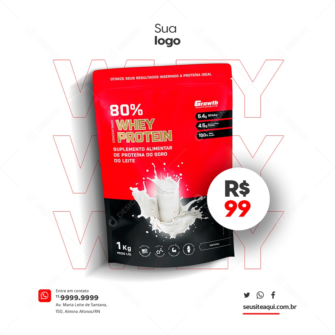 Whey Protein 99,00 Loja de Suplementos Social Media PSD Editável