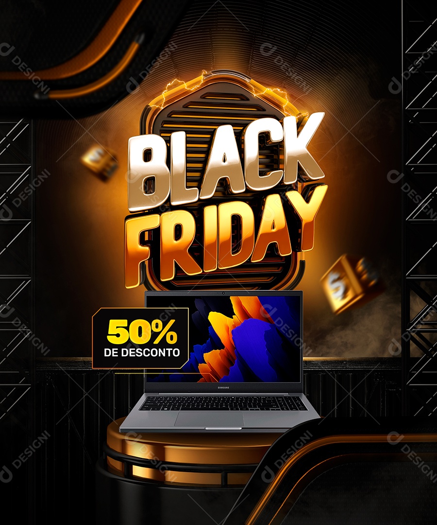 Black Friday 50% de Desconto Notebook Loja de Eletrônicos Social Media PSD Editável