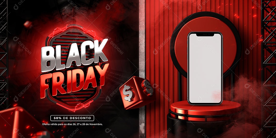 Banner Black Friday Vermelho Tudo com 50% Desconto Lojas Social Media PSD Editável