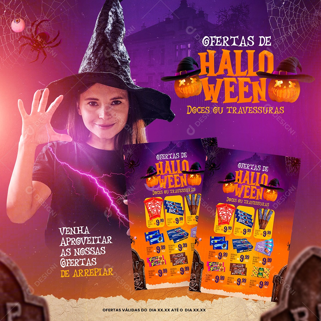 Encarte Ofertas de Halloween Doces ou Travessuras Social Media PSD Editável