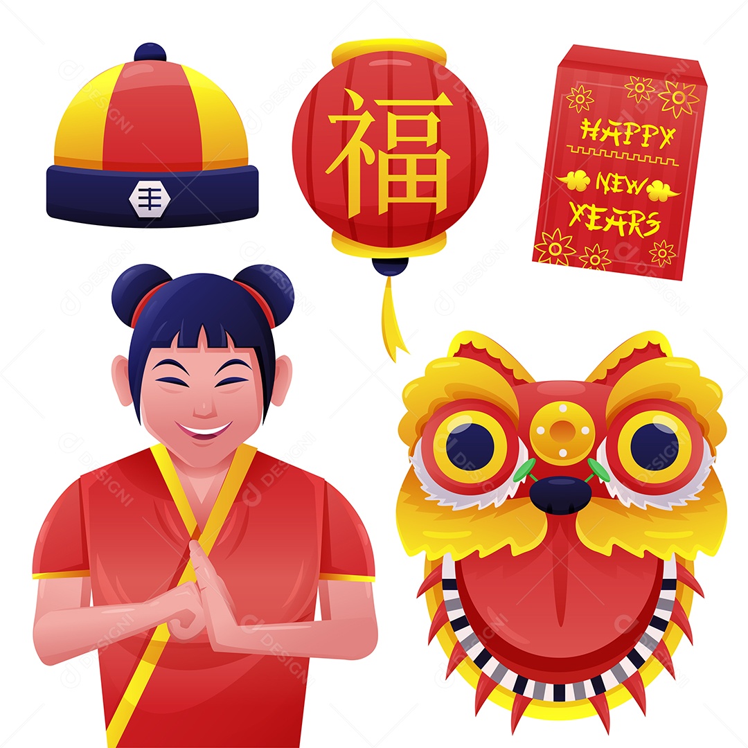 Jovem em traje chinês e elemento de objeto no novo chinês