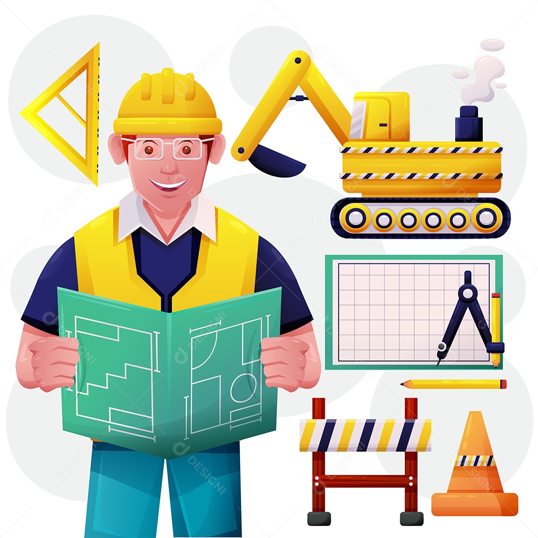 Homem jovem trabalhador e máquinas e equipamentos rodoviários de construção