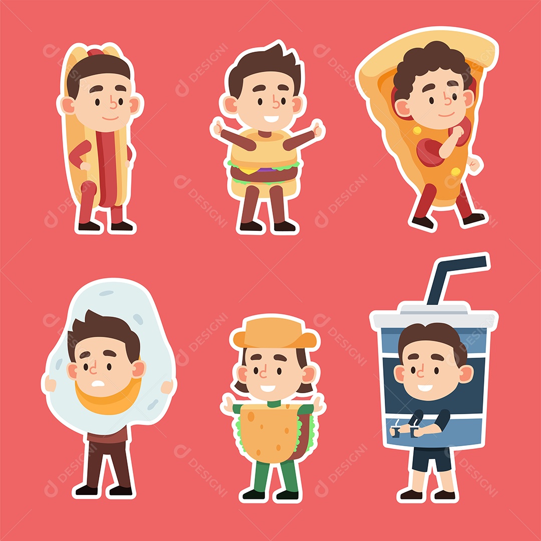 Conjunto de menino bonito vestindo roupas de fantasia no tema fastfood