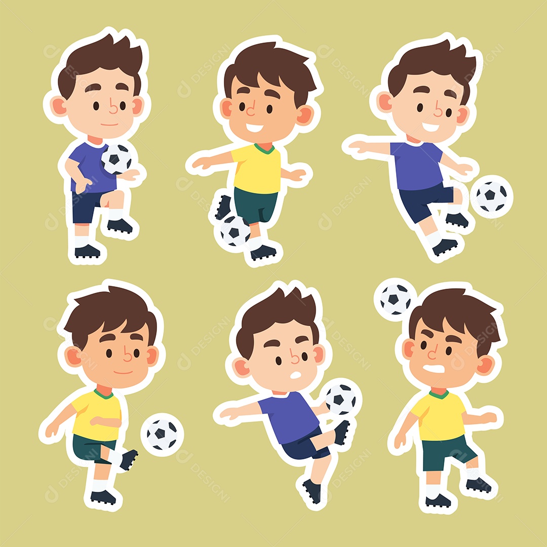 Conjunto de menino bonito jogando bola em vetor de desenho animado de ação diferente