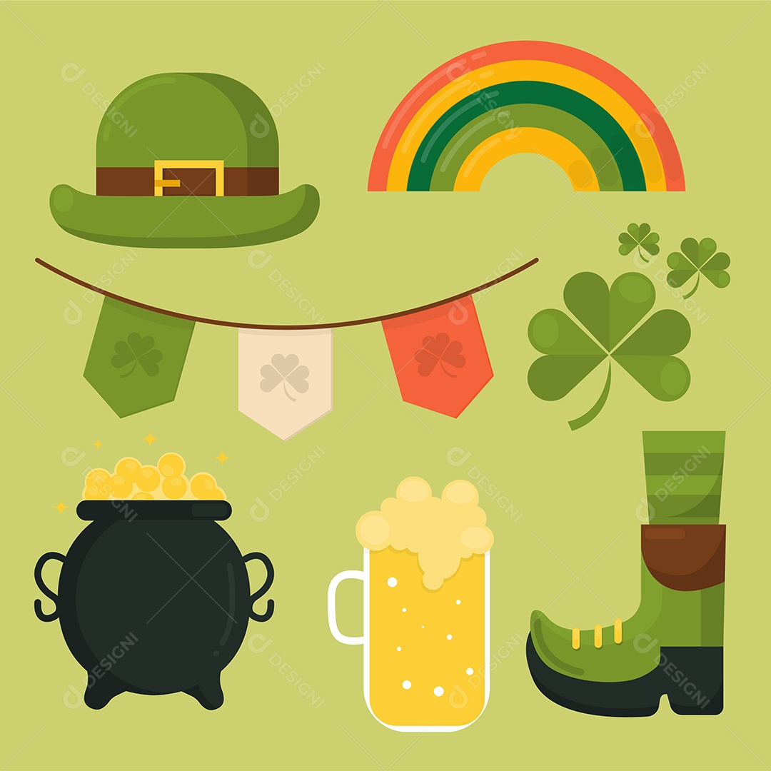 Conjunto de ilustração vetorial plana de itens de Saint Patricks Day