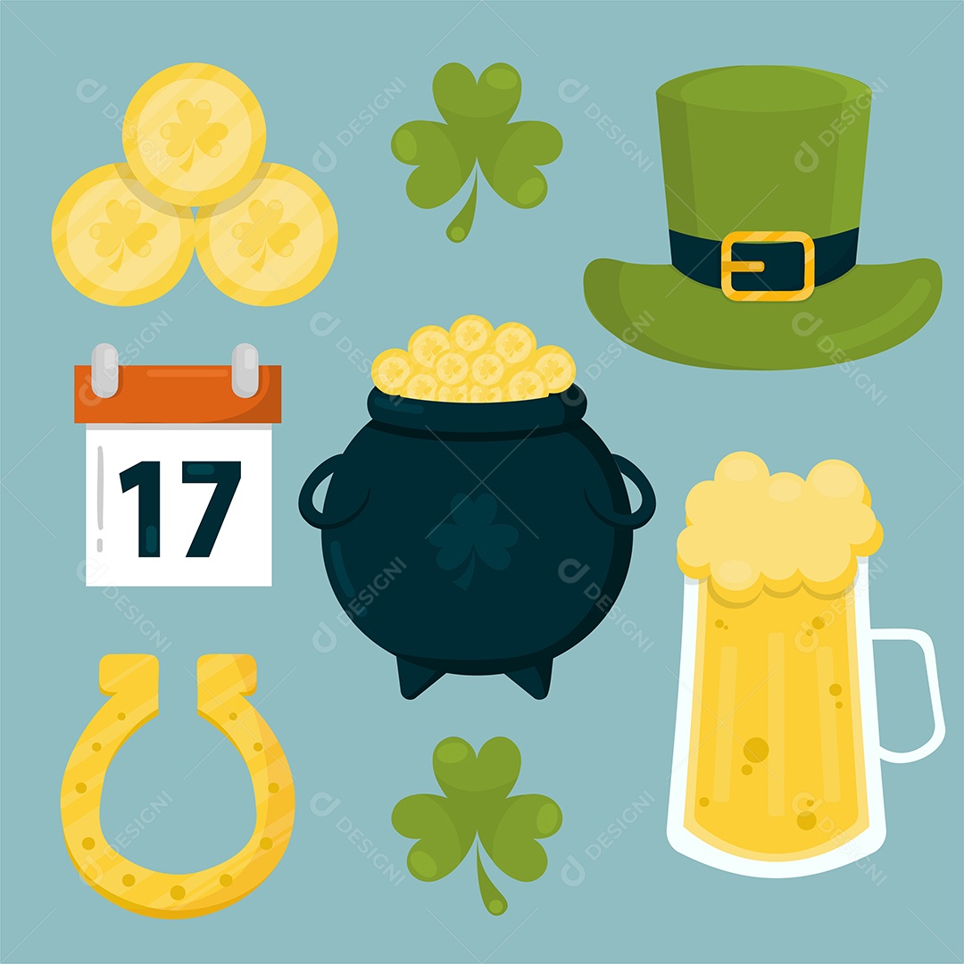 Conjunto de ilustração vetorial plana de itens de Saint Patricks Day